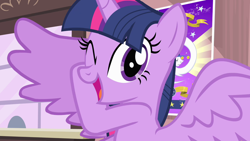 Size: 1280x720 | Tagged: safe, imported from derpibooru, screencap, twilight sparkle, alicorn, pony, season 4, three's a crowd, adorkable, breaking the fourth wall, cute, dork, happy, meme origin, one eye closed, one eye open, solo, spoiler alert, spread wings, talking, twiabetes, twilight sparkle (alicorn), wings, wink