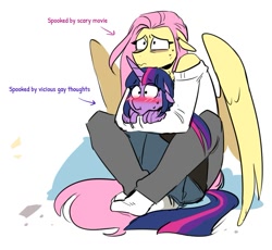 Size: 861x793 | Tagged: safe, artist:redxbacon, imported from derpibooru, fluttershy, twilight sparkle, anthro, pegasus, unicorn, blushing, blushing profusely, clothes, duo, female, height difference, hug, lesbian, scared, shipping, size difference, socks, sweat, sweatdrops, tallershy, this will end in snu snu, twishy