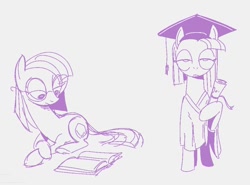 Size: 976x722 | Tagged: safe, artist:mellodillo, imported from derpibooru, maud pie, earth pony, pony, book, clothes, diploma, female, glasses, graduation cap, hat, hoof hold, mare, monochrome, reading, robe, rocktorate, simple background, solo, white background