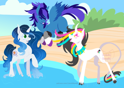 Size: 3508x2480 | Tagged: safe, artist:liechisenshi, imported from derpibooru, oc, oc only, oc:gleamy, oc:printer jam, pegasus, pony, unicorn, :p, beach, collar, curved horn, cute, horn, leonine tail, lineless, physique difference, slim, spiked collar, tail, thin, tongue out, trio