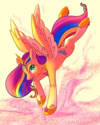 Size: 1638x2048 | Tagged: safe, artist:funky_furs, imported from derpibooru, sunny starscout, alicorn, pony, spoiler:g5, female, flying, g5, hoof shoes, horn, mare, my little pony: a new generation, race swap, solo, sparkles, spread wings, sunnycorn, wings