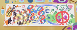 Size: 1971x786 | Tagged: safe, edit, edited screencap, imported from derpibooru, screencap, human, a banner day, equestria girls, banner, dna, glue, guitar, hand, leaves, music notes, musical instrument, paint, panorama, peace symbol