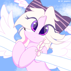 Size: 1280x1280 | Tagged: safe, artist:memengla, imported from derpibooru, oc, oc:pink butterfly, pegasus, pony, braided ponytail, cloud, cute, eye clipping through hair, female, looking at you, mare, solo