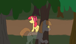 Size: 657x380 | Tagged: safe, artist:fangasmic, imported from derpibooru, apple bloom, oc, oc:ruby, oc:ruby (story of the blanks), earth pony, ghost, ghost pony, pony, story of the blanks, bow, everfree forest, female, forest, glowing, glowing eyes, hair bow, mare, raised hoof, sitting, smiling, tree, youtube link