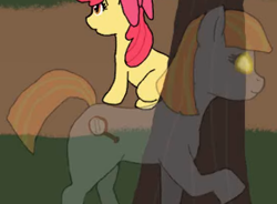 Size: 292x215 | Tagged: safe, artist:fangasmic, edit, imported from derpibooru, apple bloom, oc, oc:ruby, oc:ruby (story of the blanks), earth pony, ghost, ghost pony, pony, story of the blanks, bow, cropped, everfree forest, female, filly, foal, forest, glowing, glowing eyes, hair bow, mare, raised hoof, sitting, tree, youtube link
