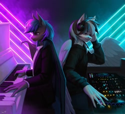 Size: 2560x2348 | Tagged: safe, artist:inarimayer, imported from derpibooru, oc, oc only, oc:nocturne star, anthro, bat pony, pegasus, bat pony oc, duo, headphones, musical instrument, neon, pegasus oc, piano, turntable