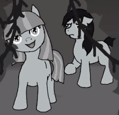Size: 242x234 | Tagged: safe, artist:fangasmic, edit, imported from derpibooru, oc, oc only, oc:mitta, oc:ruby, oc:ruby (story of the blanks), earth pony, pony, story of the blanks, black and white, cropped, everfree forest, female, flashback, floppy ears, grayscale, mare, monochrome, raised hoof, sad, smiling, youtube link