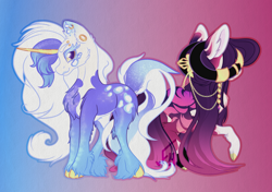Size: 3463x2438 | Tagged: safe, artist:faunahoof, derpibooru exclusive, imported from derpibooru, oc, oc only, oc:blizzard solstice, oc:tyrian eventide, earth pony, pony, unicorn, colored hooves, curled horns, duo, duo female, ear fluff, ear piercing, earring, earth pony oc, facing away, female, goat horns, gold hooves, gradient background, gradient mane, hair over one eye, hooves, horn, horns, jewelry, leopard print, lipstick, long mane, long tail, looking at you, piercing, regalia, siblings, sisters, stripes, tiger stripes, unicorn oc, unshorn fetlocks, yellow eyes, yellow sclera