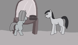 Size: 659x380 | Tagged: safe, artist:fangasmic, imported from derpibooru, oc, oc only, oc:roneo, oc:ruby, oc:ruby (story of the blanks), earth pony, pony, story of the blanks, black and white, butt, chest, female, flashback, grayscale, male, mare, mirror, monochrome, plot, stallion, youtube link