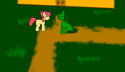 Size: 656x380 | Tagged: safe, artist:fangasmic, imported from derpibooru, apple bloom, oc, oc:three leaf, earth pony, pony, story of the blanks, bow, door, eyes closed, female, filly, foal, grass, hair bow, house, mare, path, sitting, smiling, sunny town, youtube link