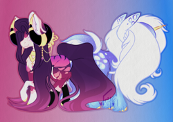 Size: 3463x2438 | Tagged: safe, artist:faunahoof, derpibooru exclusive, imported from derpibooru, oc, oc:blizzard solstice, oc:tyrian eventide, earth pony, pony, unicorn, colored hooves, curled horns, duo, duo female, ear fluff, ear piercing, earring, earth pony oc, facing away, female, goat horns, gold hooves, gradient background, gradient mane, hooves, horn, horns, jewelry, leopard print, lipstick, long mane, long tail, looking at you, piercing, regalia, siblings, sisters, stripes, tail, tiger stripes, unicorn oc, unshorn fetlocks