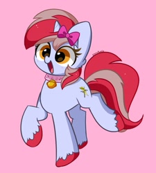 Size: 2875x3188 | Tagged: safe, artist:kittyrosie, imported from derpibooru, oc, oc only, oc:cinnamon lightning, pony, unicorn, bell, bell collar, collar, cute, female, mare, ocbetes, open mouth, pink background, simple background, solo, unshorn fetlocks