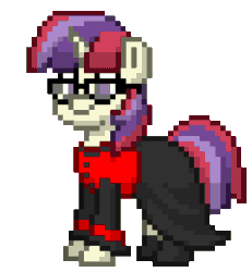 Size: 768x832 | Tagged: safe, artist:gloomy brony, imported from derpibooru, moondancer, pony, unicorn, pony town, animated, clothes, cosplay, costume, female, gif, glasses, king of fighters, pixel art, simple background, solo, transparent background, vice