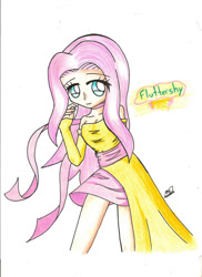 Size: 873x1200 | Tagged: safe, artist:maresukemarth, imported from derpibooru, fluttershy, human, 2012, female, humanized, simple background, solo, traditional art, white background