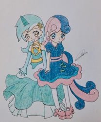 Size: 748x900 | Tagged: safe, artist:maresukemarth, imported from derpibooru, bon bon, lyra heartstrings, sweetie drops, human, 2012, duo, duo female, female, humanized, simple background, traditional art, white background