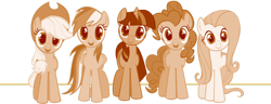 Size: 768x296 | Tagged: safe, edit, imported from derpibooru, applejack, fluttershy, pinkie pie, rainbow dash, twilight sparkle, earth pony, pegasus, pony, unicorn, suited for success, applejack's hat, background pony rarity, cowboy hat, female, hat, horn, mare, sepia, simple background, smiling, transparent background, unicorn twilight, wings