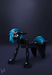 Size: 820x1180 | Tagged: safe, artist:stirren, imported from derpibooru, dj pon-3, vinyl scratch, anthro, unicorn, all fours, bdsm, bondage, bondage mitts, clothes, collar, commission, encasement, female, horn, horn ring, knee tied, latex, latex suit, looking sideways, magic suppression, pet play, ring, rubber, rubber suit, solo, suit, ych result