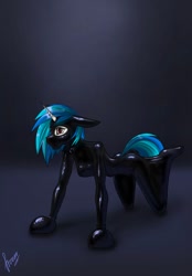 Size: 820x1180 | Tagged: safe, alternate version, artist:stirren, imported from derpibooru, dj pon-3, vinyl scratch, anthro, unicorn, all fours, bdsm, bondage, bondage mitts, clothes, collar, commission, encasement, female, horn, knee tied, latex, latex suit, looking sideways, pet play, rubber, rubber suit, solo, suit, ych result