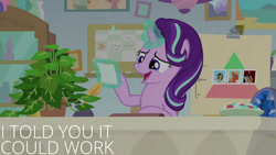 Size: 1280x720 | Tagged: safe, edit, edited screencap, editor:quoterific, imported from derpibooru, screencap, phyllis, starlight glimmer, pony, unicorn, a horse shoe-in, season 9, spoiler:s09, duo, female, magic, mare, open mouth, open smile, school of friendship, smiling, starlight's office, telekinesis, text