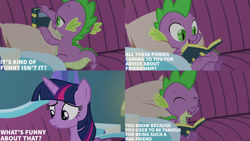 Size: 1280x720 | Tagged: safe, edit, edited screencap, editor:quoterific, imported from derpibooru, screencap, spike, twilight sparkle, alicorn, dragon, pony, amending fences, season 5, ^^, book, cute, duo, eyes closed, female, male, mare, open mouth, open smile, smiling, spikabetes, text, twilight sparkle (alicorn)