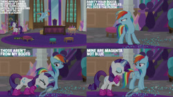 Size: 1280x720 | Tagged: safe, edit, edited screencap, editor:quoterific, imported from derpibooru, screencap, rainbow dash, rarity, pegasus, pony, unicorn, season 8, the end in friend, spoiler:s08, butt, duo, eyes closed, female, flying, magic, mare, open mouth, open smile, plot, rearity, smiling, spread wings, telekinesis, text, wings