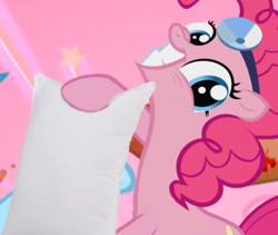 Size: 402x339 | Tagged: safe, artist:misterdavey, imported from derpibooru, pinkie pie, earth pony, pony, cupcakes hd, female, grimdark source, grotesque source, mare, medic, pillow, smiling, youtube link