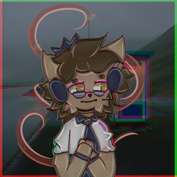 Size: 768x768 | Tagged: safe, artist:nastya bosenko, imported from derpibooru, oc, oc only, oc:sagiri himoto, anthro, abstract background, brown mane, chest fluff, crown, cuffs, dark, female to male, furry, glasses, headphones, hoof hands, hoof on chest, jewelry, male, messy mane, missing horn, necktie, not pony related, regalia, rule 63, shore, solo, wrong eye color