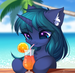 Size: 2342x2272 | Tagged: safe, artist:airiniblock, imported from derpibooru, oc, oc only, oc:arclight, pony, unicorn, alcohol, beach, cocktail, commission, drink, drinking straw, ear fluff, food, horn, icon, ocean, orange, palm tree, solo, tree, unicorn oc, water, ych result