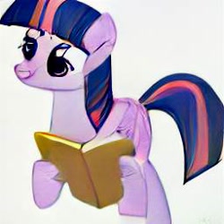Size: 256x256 | Tagged: safe, imported from derpibooru, twilight sparkle, pony, ai content, ai generated, book, bookhorse, female, generator:craiyon, machine learning abomination, mare, nightmare fuel, reading, simple background, smiling, solo