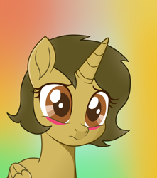 Size: 1060x1201 | Tagged: safe, anonymous artist, artist:teepew, derpibooru exclusive, edit, imported from derpibooru, oc, oc only, oc:sagiri himoto, alicorn, pony, abstract background, base used, blushing, brown coat, brown eyes, brown hair, brown mane, brown tail, closed mouth, eyelashes, fanart, horn, no tail, sad, solo, tail, upset