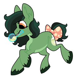 Size: 1920x1962 | Tagged: safe, artist:moonert, imported from derpibooru, oc, oc only, earth pony, pony, bow, ear fluff, earth pony oc, female, mare, mouth hold, potion, simple background, smiling, solo, tail, tail bow, transparent background, unshorn fetlocks