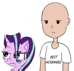 Size: 362x349 | Tagged: safe, artist:chopsticks, edit, imported from derpibooru, starlight glimmer, oc, oc:richard, human, pony, unicorn, horse wife, clothes, cropped, female, frown, male, mare, shirt, simple background, starlight glimmer is not amused, text, unamused, white background