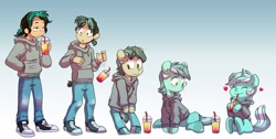 Size: 1257x636 | Tagged: safe, artist:chub-wub, imported from derpibooru, lyra heartstrings, human, pony, unicorn, clothes, commission, converse, dig the swell hoodie, drink, drinking, emanata, eyes closed, floating heart, heart, hoodie, human to pony, shoes, transformation, transformation sequence