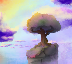 Size: 1003x892 | Tagged: safe, artist:laurada, imported from derpibooru, applejack, earth pony, pony, cloud, colorful, female, grass, rock, scenery, sky, solo, tree