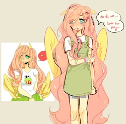 Size: 910x896 | Tagged: safe, artist:costly, imported from derpibooru, fluttershy, human, clothes, eye clipping through hair, female, humanized, simple background, solo, speech bubble, winged humanization, wings