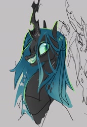 Size: 1055x1535 | Tagged: safe, artist:costly, imported from derpibooru, queen chrysalis, changeling, changeling queen, bust, female, gray background, mare, simple background, solo