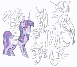 Size: 1157x999 | Tagged: safe, artist:costly, imported from derpibooru, twilight sparkle, pony, unicorn, bag, female, horn, raised hoof, saddle bag, simple background, speech bubble, unicorn twilight, white background