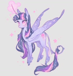 Size: 985x1032 | Tagged: safe, artist:costly, imported from derpibooru, twilight sparkle, alicorn, pony, female, glowing, glowing horn, gray background, horn, leonine tail, magic, magic aura, mare, simple background, solo, tail, twilight sparkle (alicorn), wings