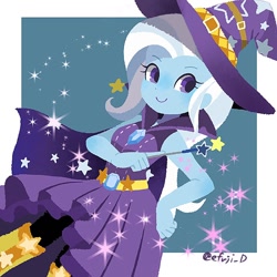 Size: 766x766 | Tagged: safe, artist:efuji_d, imported from derpibooru, trixie, human, equestria girls, boots, brooch, cape, clothes, cute, diatrixes, eyelashes, female, hand on hip, hat, jewelry, magic wand, shoes, simple background, skirt, smiling, solo, stars, trixie's brooch, trixie's cape, trixie's hat, white background