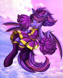 Size: 2850x3509 | Tagged: safe, artist:pridark, imported from derpibooru, oc, oc only, oc:evening's dawn, bat pony, pony, bat pony oc, cheerleader, cheerleader outfit, clothes, commission, female, high res, one eye closed, open mouth, pom pom, skirt, socks, solo, thigh highs, wink