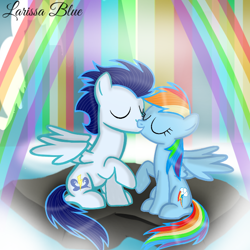 Size: 720x720 | Tagged: safe, artist:mlplary6, imported from derpibooru, rainbow dash, soarin', pegasus, pony, duo, eyes closed, female, kiss on the lips, kissing, male, mare, raised hoof, rock, shipping, sitting, soarindash, stallion, straight, wings, winsome falls