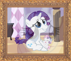 Size: 2644x2268 | Tagged: safe, artist:beavernator, imported from derpibooru, rarity, sweetie belle, pony, unicorn, baby, baby belle, baby pony, bipedal, cute, diasweetes, duo, eyes closed, female, filly, filly rarity, frame, open mouth, open smile, photo, reflection, smiling, younger