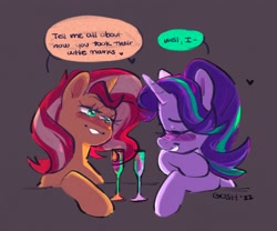 Size: 2048x1707 | Tagged: safe, artist:goshhhh, imported from derpibooru, starlight glimmer, sunset shimmer, pony, unicorn, alcohol, blushing, dialogue, drunk, female, glass, go home you're drunk, lesbian, shimmerglimmer, shipping, simple background, speech bubble, wine glass