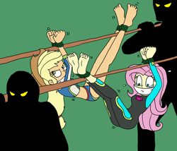 Size: 1588x1358 | Tagged: safe, artist:bugssonicx, imported from derpibooru, applejack, fluttershy, human, equestria girls, abduction, ass, barefoot, bikini, bondage, bound and gagged, butt, carrying, cloth gag, clothes, crying, damsel in distress, feet, fluttershy's wetsuit, gag, help us, swimsuit, wetsuit