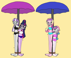 Size: 2101x1728 | Tagged: safe, artist:bugssonicx, imported from derpibooru, princess cadance, princess flurry heart, sci-twi, twilight sparkle, twilight velvet, human, equestria girls, barefoot, beach, beach umbrella, belly button, bikini, bondage, bound and gagged, clothes, dean cadance, equestria girls-ified, feet, female, gag, grandmother and grandchild, help us, midriff, mother and child, mother and daughter, older, older flurry heart, pole tied, rope, rope bondage, sisters-in-law, swimsuit, tape, tape gag