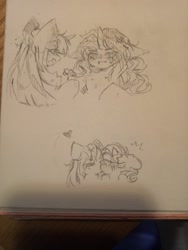 Size: 1560x2080 | Tagged: safe, artist:sugarcloud59, imported from derpibooru, oc, oc only, pony, unicorn, blushing, cross-popping veins, female, flower, kissing, lesbian, oc x oc, photo, shipping, sketch, traditional art