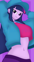 Size: 3000x5456 | Tagged: safe, artist:milkyboo898, imported from derpibooru, twilight sparkle, human, equestria girls, arm behind head, breasts, busty twilight sparkle, clothes, female, hat, jacket, midriff, outfit, soft color, solo, watermark