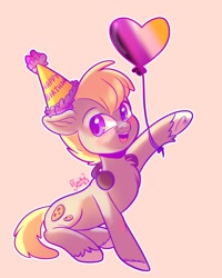 Size: 1638x2048 | Tagged: safe, artist:funky_furs, imported from derpibooru, oc, oc only, oc:cookie malou, earth pony, pony, balloon, birthday, earth pony oc, female, hat, headphones, heart balloon, nonbinary pride flag, party hat, pride, pride flag, simple background, solo, unshorn fetlocks