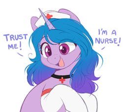 Size: 650x593 | Tagged: safe, artist:higgly-chan, imported from derpibooru, izzy moonbow, pony, unicorn, bust, choker, clothes, cute, dialogue, female, g5, hat, izzybetes, mare, nurse, nurse hat, open mouth, open smile, simple background, smiling, socks, solo, stockings, thigh highs, this is gonna suck, trust me, turned head, white background