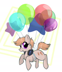 Size: 1578x1833 | Tagged: safe, artist:fatiguealope, imported from derpibooru, oc, oc only, oc:cookie malou, earth pony, pony, abstract background, balloon, cute, female, floating, headphones, mare, solo